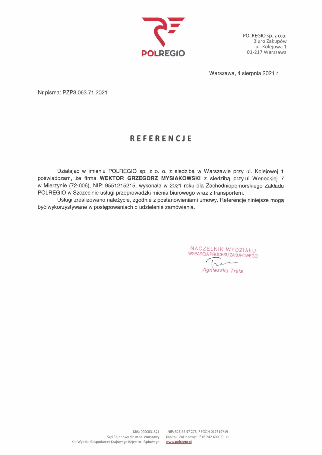 List referencyjny - POLREGIO sp. z o.o.