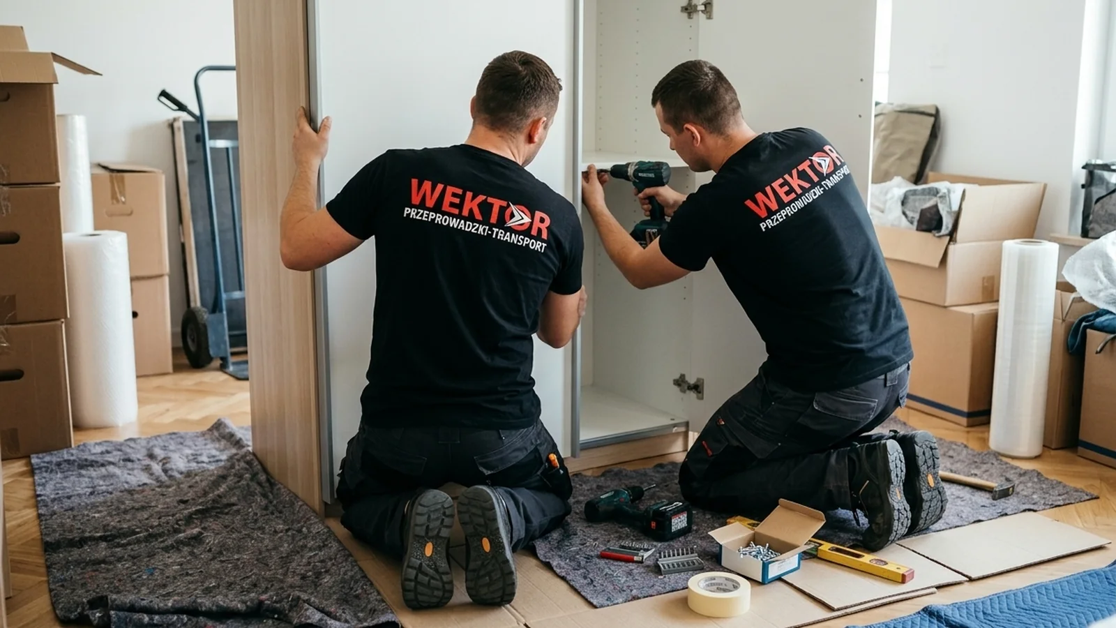 Dwóch pracowników Wektor montujących szafę po przeprowadzce