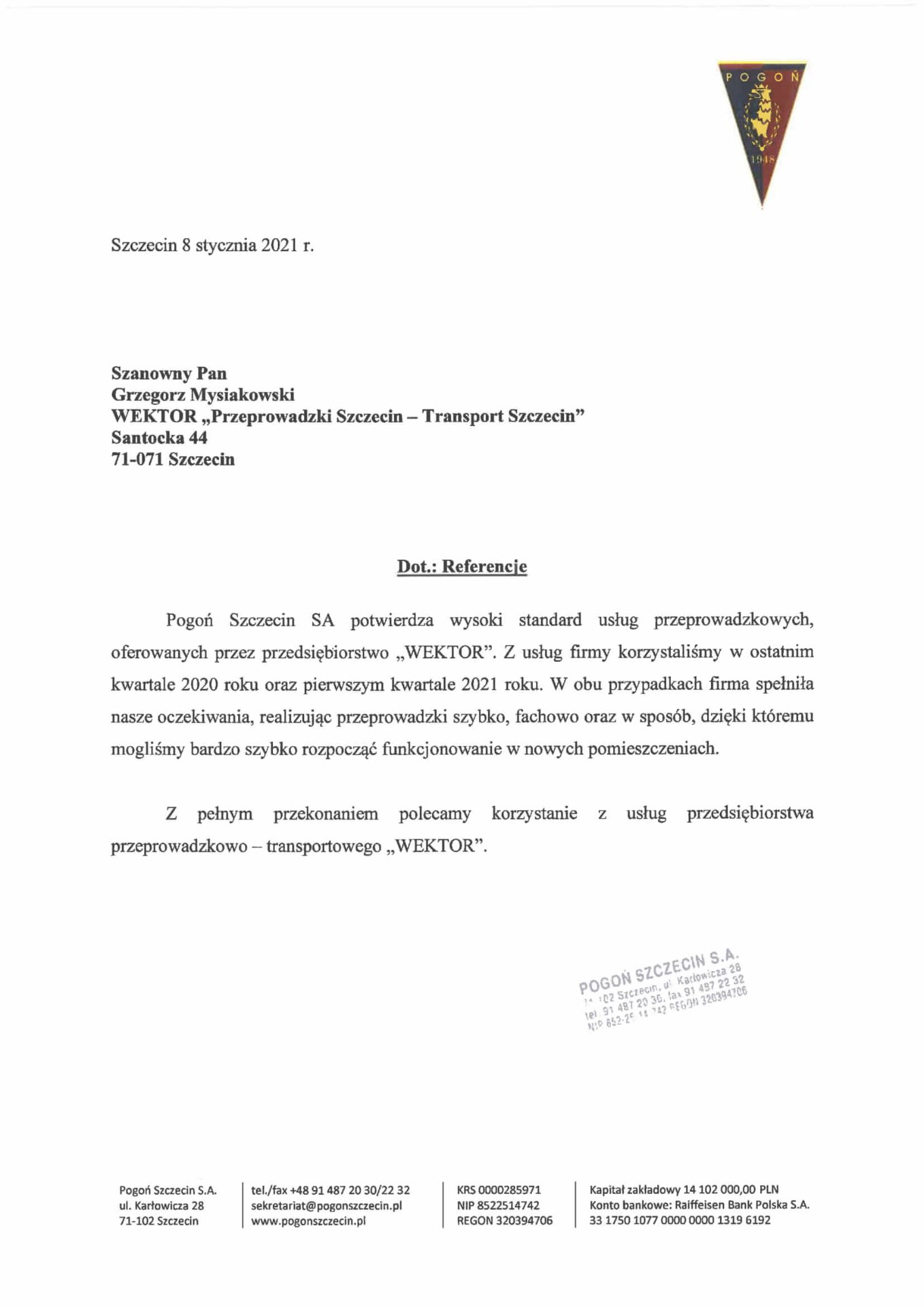 List referencyjny - Pogoń Szczecin S.A.