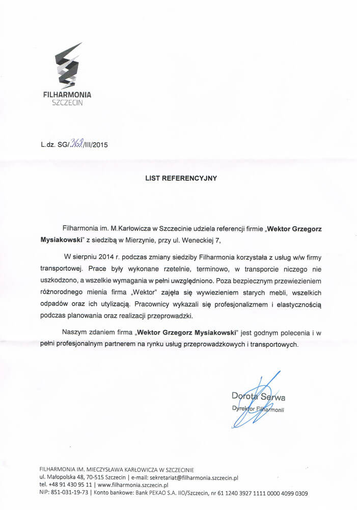 List referencyjny - Filharmonia im. M. Karłowicza w Szczecinie